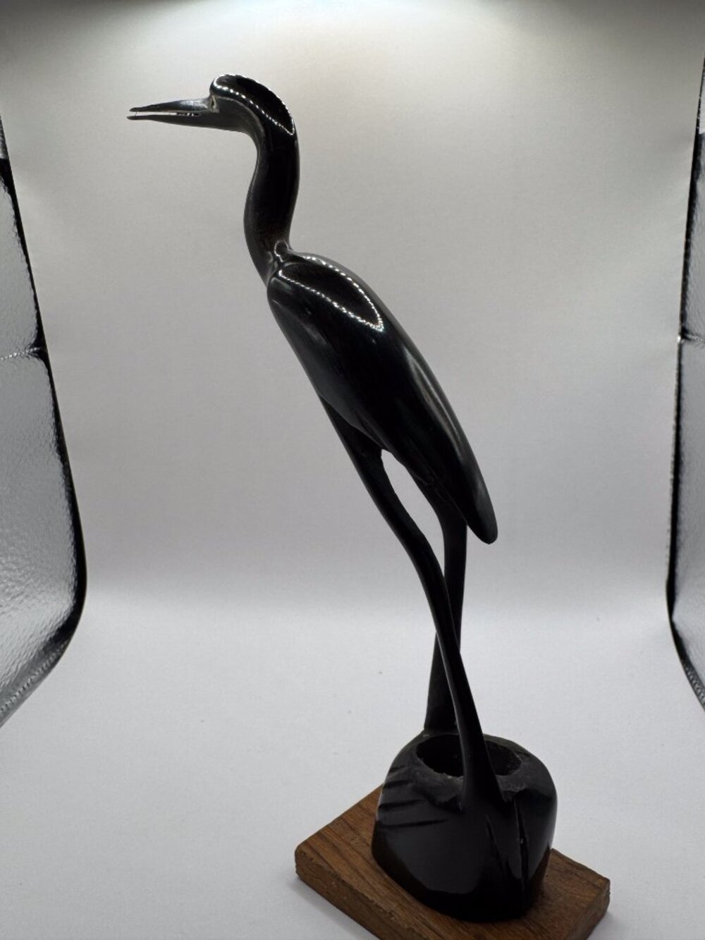 Vintage Hand Carved Wooden Heron Bird Sculpture Black Coastal Decor